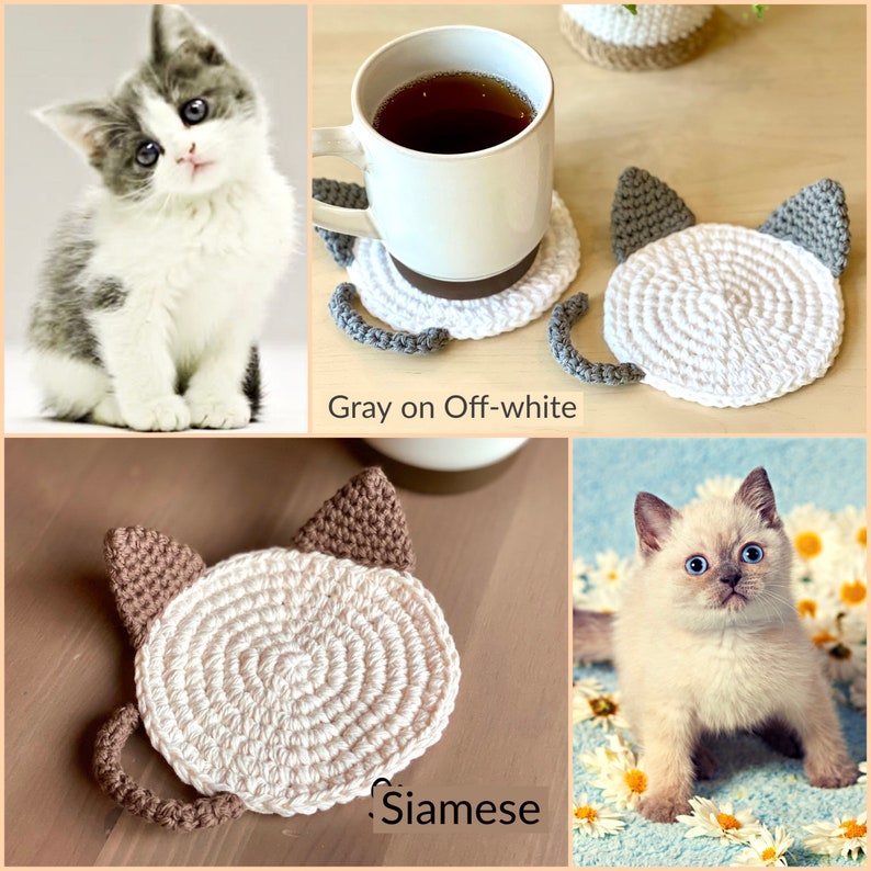 Cat Coaster 1 piece Bicolor Series Hand-crocheted 100% Cotton Cute Kawaii Home Decor Minimalistic Kitty Mug Rug Cat Lovers Gift image 4
