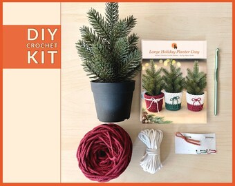Crochet KIT: Planter Cozy for Christmas Tree | Potted Faux Plant Included | Quick n Easy DIY Project | Holiday Gift Set for Craft Lovers