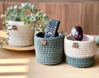 Small Storage Basket (1 ct)| Crocheted Two-tone Basket| Minimalist Modern Home Decor| Multi-purpose Organizer- Bath/Bedroom, Desk, Entryway