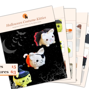 Puede incluir: Un folleto de patrones de crochet para hacer gatitos con disfraz de Halloween. La portada presenta tres gatitos amigurumi vestidos de vampiro, pirata y bruja. El folleto tiene 15 p&aacute;ginas y 63 im&aacute;genes.