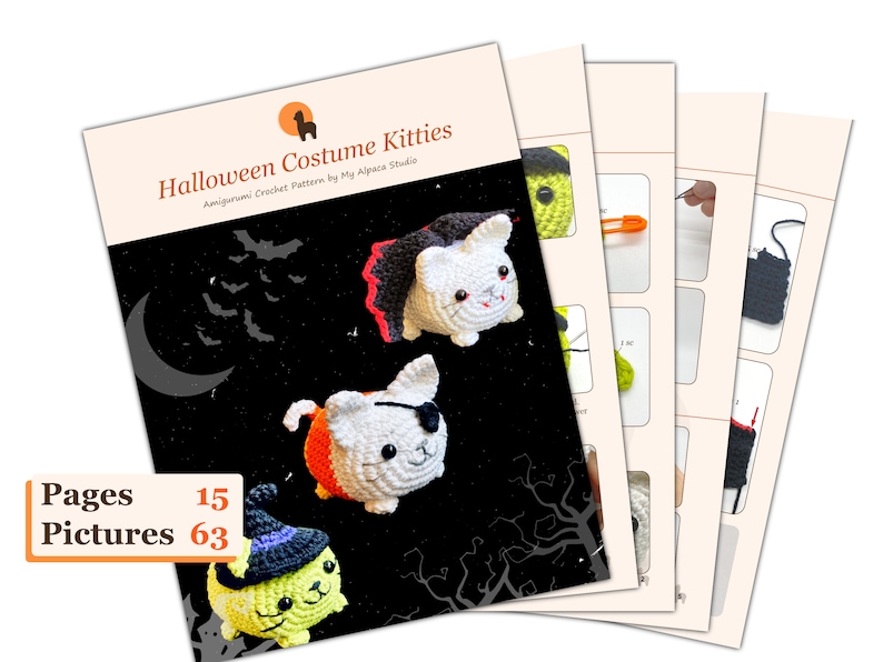 Puede incluir: Un folleto de patrones de crochet para hacer gatitos con disfraz de Halloween. La portada presenta tres gatitos amigurumi vestidos de vampiro, pirata y bruja. El folleto tiene 15 p&aacute;ginas y 63 im&aacute;genes.
