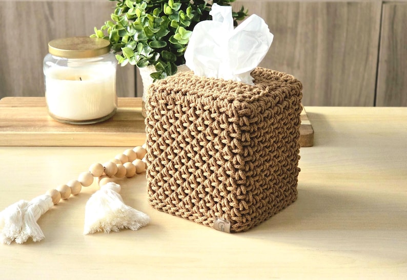 Hand-Crocheted Square Tissue Box Cover Caramel