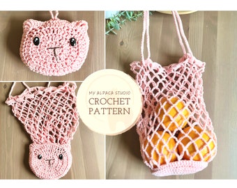 Crochet PATTERN: Cat Foldable Market Bag | Instant Download PDF | Eco-friendly Handmade | Summer Bag Crochet| Kitty Mesh Bag| Cat Lover Gift