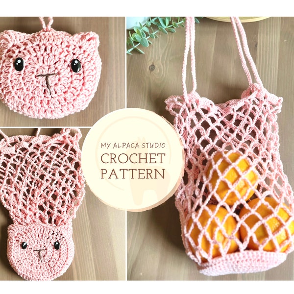 Crochet PATTERN: Cat Foldable Market Bag | Instant Download PDF | Eco-friendly Handmade | Summer Bag Crochet| Kitty Mesh Bag| Cat Lover Gift