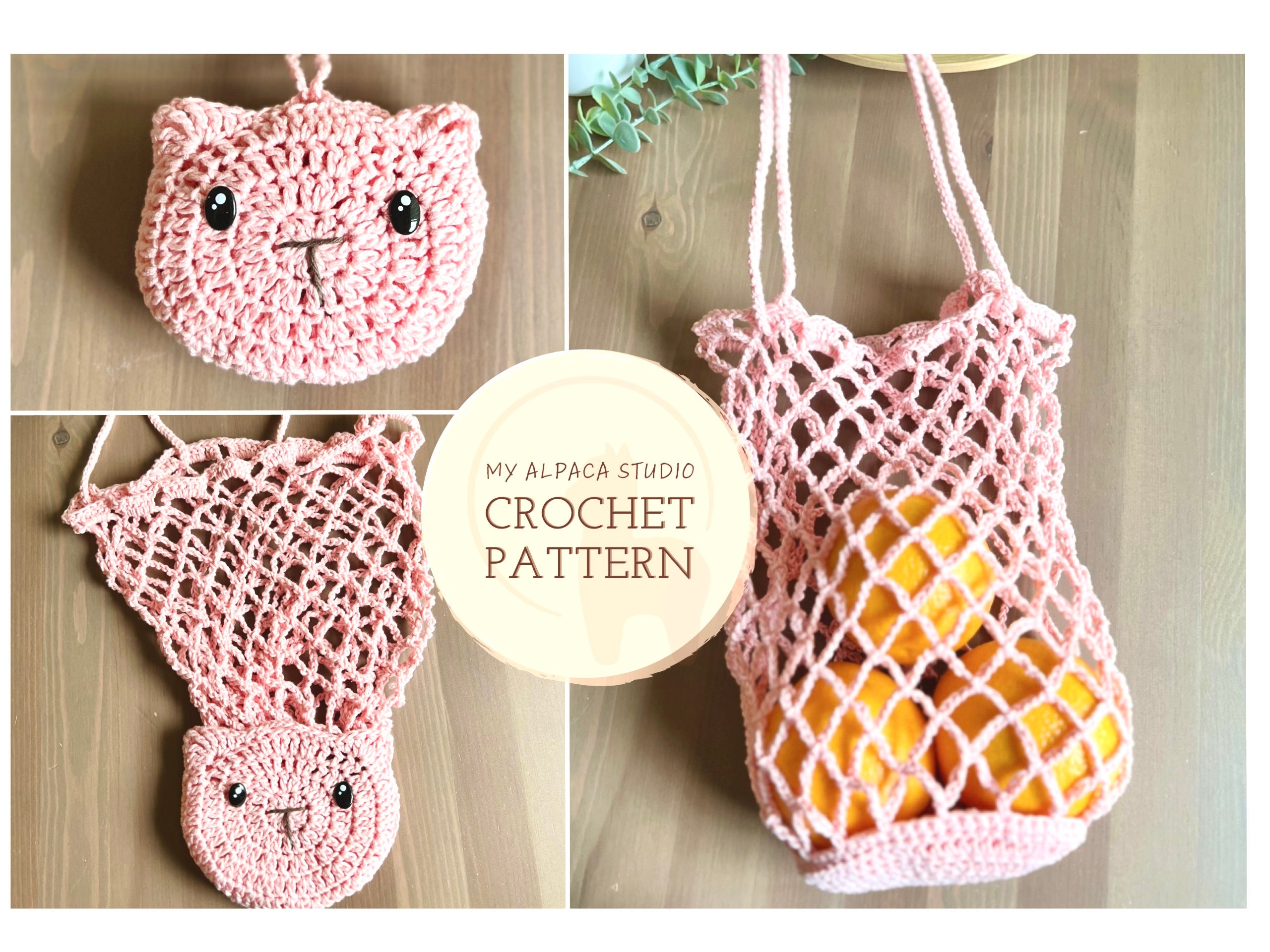 Crochet PATTERN: Cat Foldable Market Bag Instant Download PDF Eco