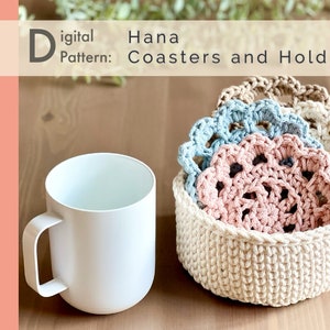 Crochet PATTERN: Flower Coasters & Holder ⪼ Hana| Instant Download PDF| Crochet Table Decor | Spring l Kitchen Decor | Minimalist Home Decor