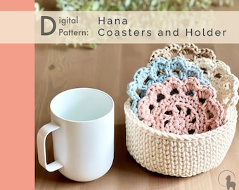 Crochet PATTERN: Flower Coasters & Holder ⪼ Hana| Instant Download PDF| Crochet Table Decor | Spring l Kitchen Decor | Minimalist Home Decor