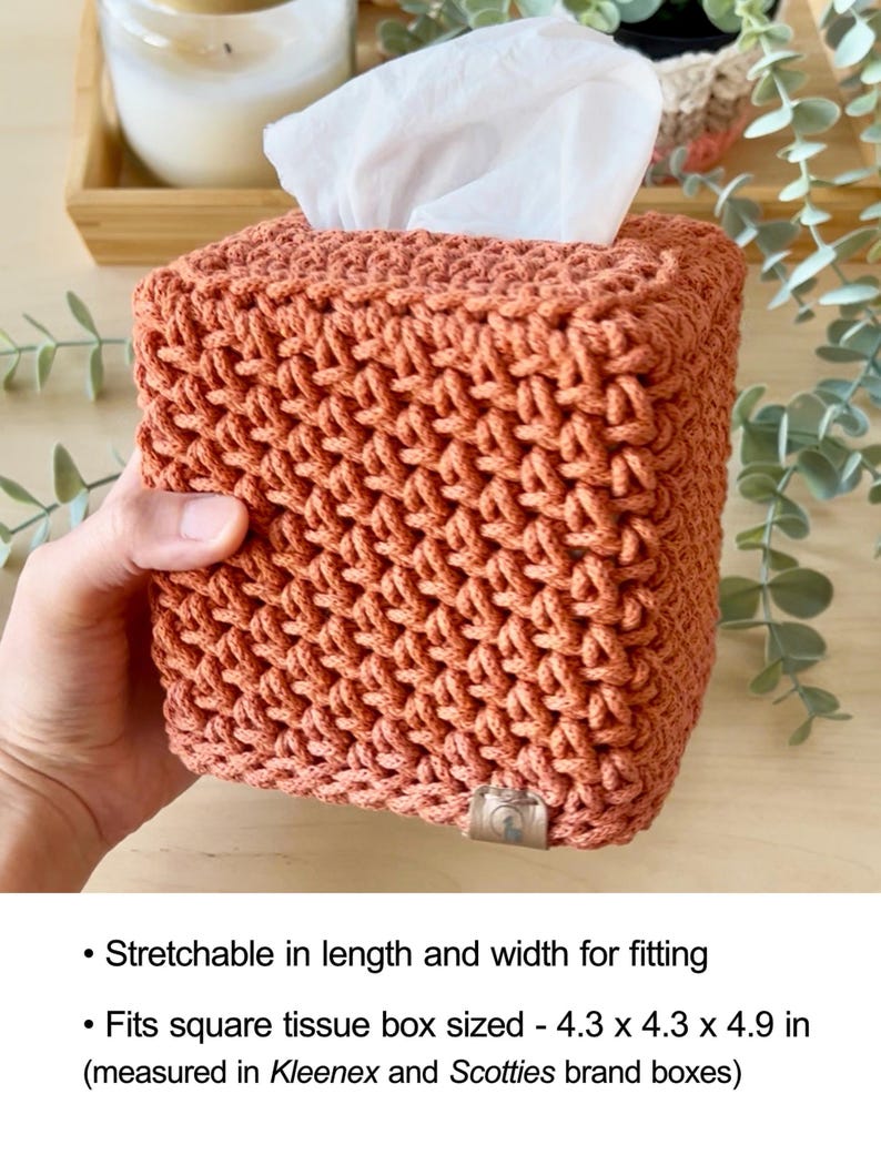 Hand-Crocheted Square Tissue Box Cover Terra Cotta