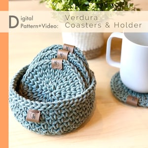 Crochet PATTERN: Coaster & Holder~ Verdura | 2 in 1 Pattern Bundle| PDF n Video Tutorial| Kitchen Decor| Minimalist Home Decor|Handmade Gift