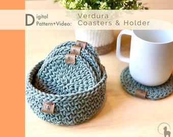 Crochet PATTERN: Coaster & Holder~ Verdura | 2 in 1 Pattern Bundle| PDF n Video Tutorial| Kitchen Decor| Minimalist Home Decor|Handmade Gift