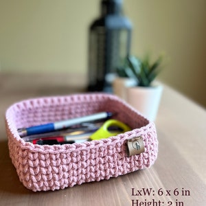 Square Storage Basket 1 ct Hand-crocheted Minimalist Rectangle Tray Multi-purpose Organizer Bathroom, Desk, Bedroom, Entryway, Pantry Dusty Pink