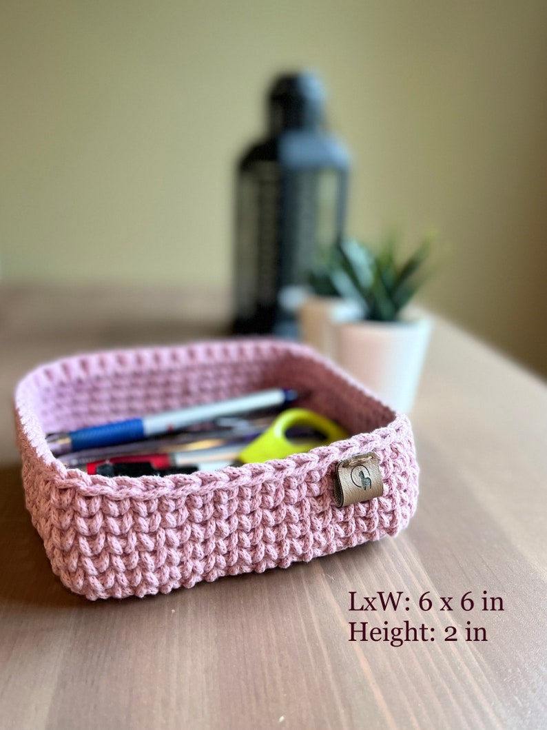 Square Storage Basket 1 ct Hand-crocheted Minimalist Rectangle Tray Multi-purpose Organizer Bathroom, Desk, Bedroom, Entryway, Pantry Dusty Pink