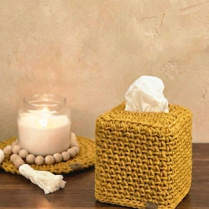 Hand-Crocheted Square Tissue Box Cover Mustard