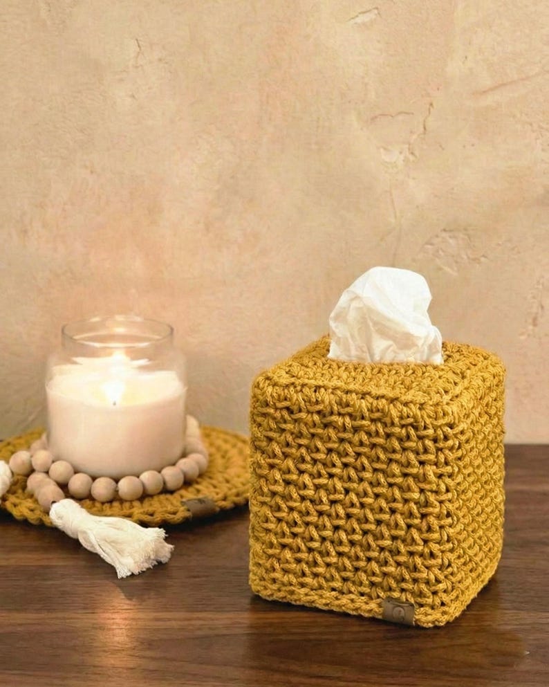 Hand-Crocheted Square Tissue Box Cover Mustard