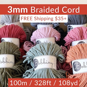 BOBBINY 3mm Braided Cord (1 ct)| 328ft, 100m, 108yd| FREE SHIPPING 35+ usd| 6-super bulky cotton yarn| For Crochet, Knitting, Macrame, Craft