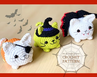 Crochet PATTERN: Halloween Costume Cat | 3 design in 1 | Candy Corn, Vampire, Witch | Chibi Amigurumi Kitty | Spooky Decor | Cat Lovers Gift