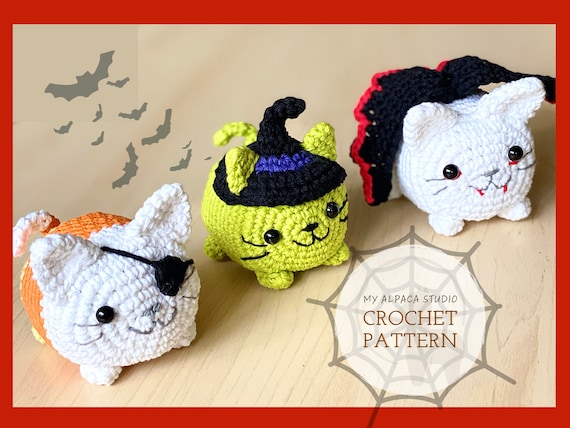 Crochet Pattern: Halloween Costume Cat | 3 design in 1 | Candy Corn, Vampire, Witch | Chibi Amigurumi Kitty | Spooky Decor | Cat Lovers Gift