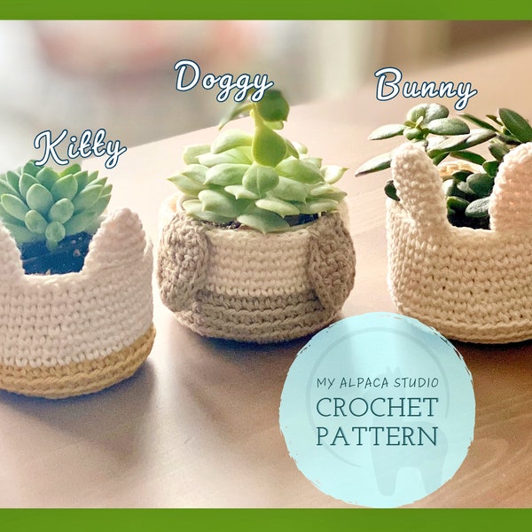 MOTIF au crochet : jardinière confortable Mon ami | 3 modèles en 1 | Décoration d'intérieur sur le thème des animaux de compagnie | Joli porte-plante Amigurumi | Cadeau lapin, chien et chat pour amoureux