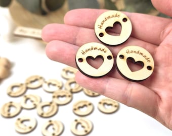 Wooden Handmade Tags with Heart, 1-inch Baltic Birch Round Labels for Handmade Products