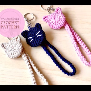 Crochet PATTERN: Cat Keychain Wristlet | Instant Download PDF | Minimalist Kitty Key Ring | One Hour Scrap Yarn Project | Cat Lover Gift