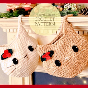 Crochet PATTERN: Christmas Cat Stocking Cute Christmas Decor for Cat Lovers Holiday Gift Idea Stocking for Pet Quick n Easy image 1