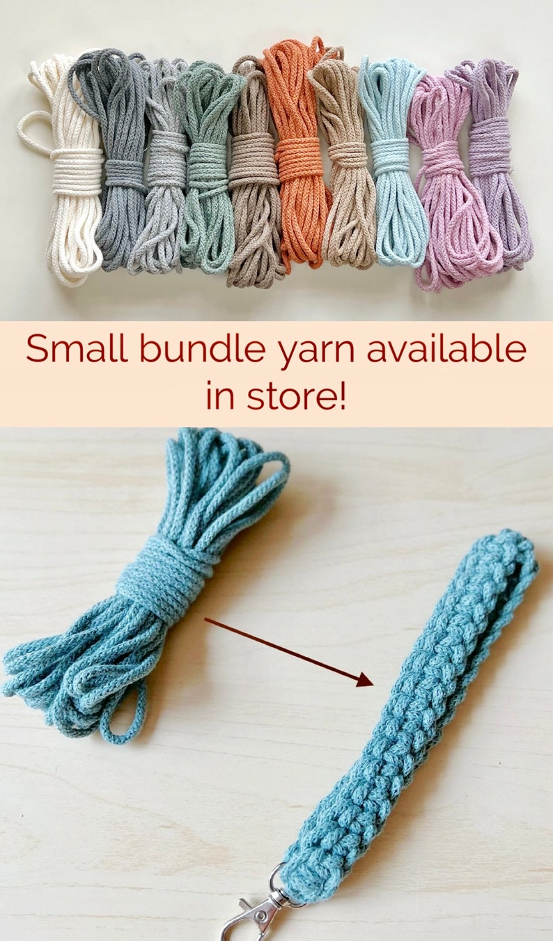 May include: A bundle of eight different colored cotton cords, each wound into a coil. The cords are in shades of white, gray, green, beige, orange, light blue, pink, and purple. The text "Small bundle yarn available in store!" is written below the cords. A close-up of a blue cord is shown below the text, with a portion of the cord crocheted into a strap with a silver clasp.