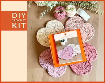 Crochet KIT: 2 Heart Trivets| Large Coasters | Modern Farmhouse Home Decor | Doilies for Candles, Pot-plants, Vases | Craft Lover Gift