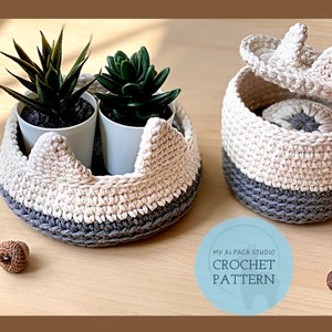 Crochet PATTERN: Cat Organizer Basket Set | 2 sizes & designs | Bathroom Storage | Countertop, Desktop, Entryway organizer | Cat Lovers Gift