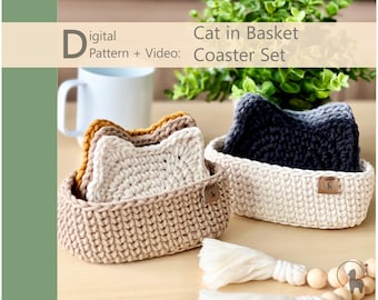 Pattern and Video: Cat in Basket Coaster Set- 2 in 1 Instant Download PDF