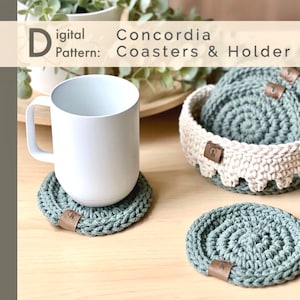 Crochet PATTERN: Coaster & Holder~ Concordia | 2 in 1 Pattern Bundle| Modern Farmhouse Kitchen Decor| Minimalist Home Decor| Handmade Gift