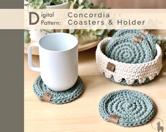 Crochet Pattern: Coaster & Holder~ Concordia | 2 in 1 Pattern Bundle| Modern Farmhouse Kitchen Decor| Minimalist Home Decor| Handmade Gift