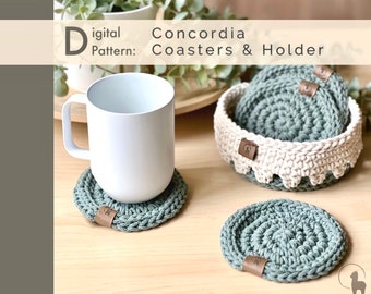 Crochet PATTERN: Coaster & Holder~ Concordia | 2 in 1 Pattern Bundle| Modern Farmhouse Kitchen Decor| Minimalist Home Decor| Handmade Gift