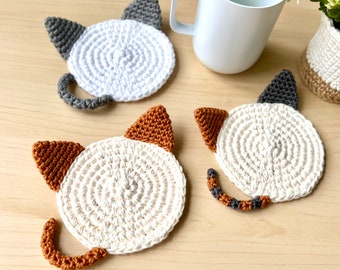 Cat Coaster (1 piece) - Bicolor Series| Hand-crocheted | 100% Cotton | Cute Kawaii Home Decor | Minimalistic Kitty Mug Rug | Cat Lovers Gift