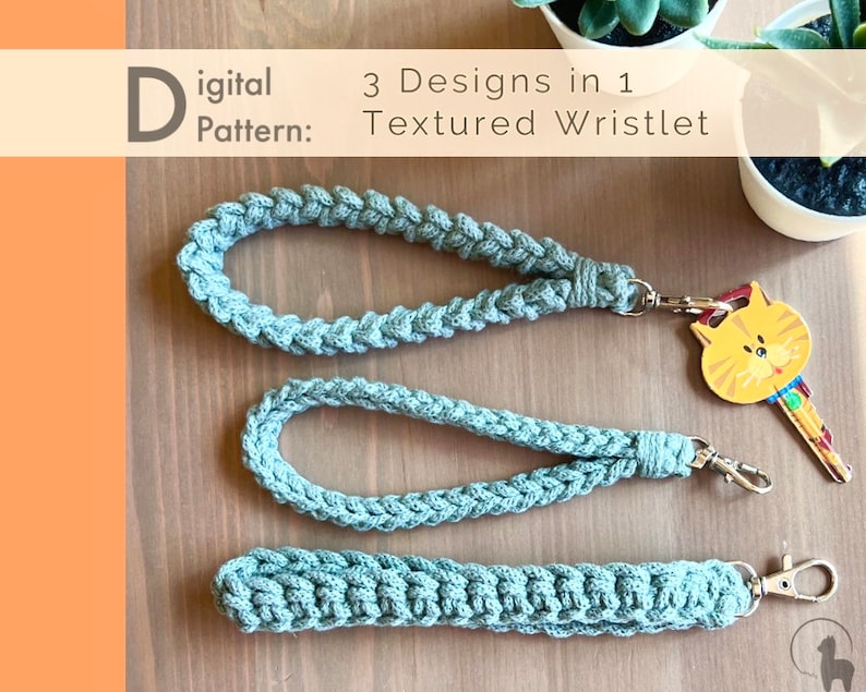 May include: Three crocheted wristlets in a light blue color, each with a different length and a silver key chain attached. The text "Digital Pattern: 3 Designs in 1 Textured Wristlet" is visible at the top of the image.