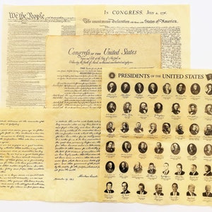 Paquete premium de pósteres impresos sobre la historia de Estados Unidos, 5 documentos en papel pergamino. Paquete de pósteres y documentos de la libertad. Tamaño aproximado: 14 x 16