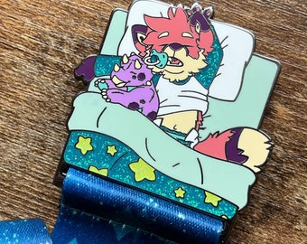 Sleepy Fox Paci-Clip Pin | ABDL Babyfur Furry Fursona Enamel Pin Pacifier Clip | Poofy Pins