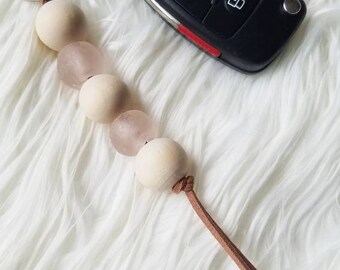 Natural Wood and Pink Glass Bead Keychain | Boho Keychain and Purse Charm |Minimalist Keychain Keychain, Perfect Gift, FreeVineCo