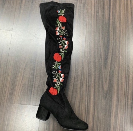 Embroidered Rose Over The Knee Boots