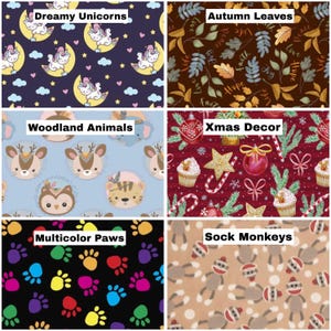 Puede incluir: Un collage de seis patrones de tela que presentan unicornios de ensue&ntilde;o sobre morado oscuro, hojas de oto&ntilde;o con texto, animales del bosque sobre azul claro, decoraci&oacute;n navide&ntilde;a sobre rojo, huellas multicolores sobre negro y monos de calcet&iacute;n sobre fondo tostado con etiquetas.