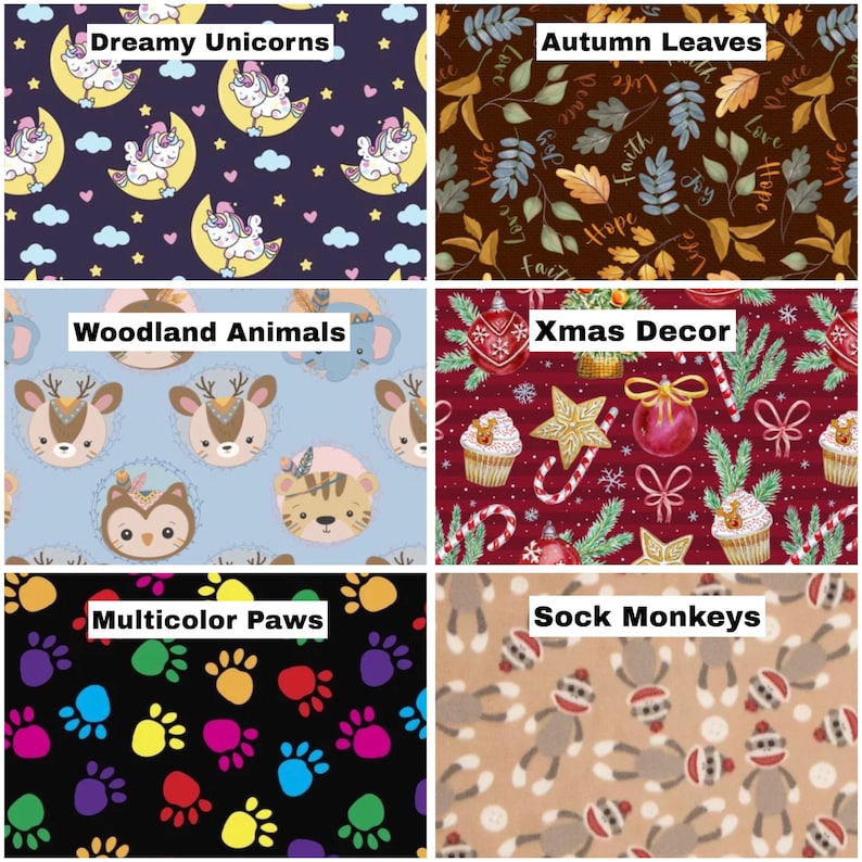 Puede incluir: Un collage de seis patrones de tela que presentan unicornios de ensue&ntilde;o sobre morado oscuro, hojas de oto&ntilde;o con texto, animales del bosque sobre azul claro, decoraci&oacute;n navide&ntilde;a sobre rojo, huellas multicolores sobre negro y monos de calcet&iacute;n sobre fondo tostado con etiquetas.