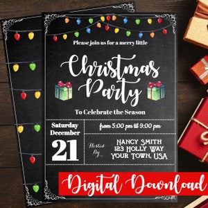 Christmas Party Invitation, Holiday Party Invitation, Personalized, Chalkboard Watercolor Lights Rustic Digital Download Printable