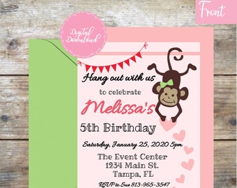 Personalized Monkey Birthday Invitation, Pink Hearts Banner Party Invite, Girl Monkey Green Bow, Any Age, 5x7 Printable Digital Download
