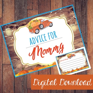 Conselhos para chá de bebê para caminhão de outono e outono imprimíveis para cartões de mamãe e sinal azul laranja festa de abóbora download digital
