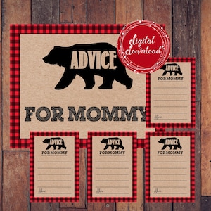 Conseils imprimables de douche de bébé d'ours de bûcheron pour des cartes de maman et signe Buffalo Check Kraft Paper Plaid Boy Party Téléchargement numérique instantané