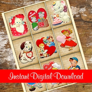 Dollar Download, Vintage Valentine's ATC Collage Sheet, Junk Journal Ephemera, 9 Pockets Valentine Images, Retro, Instant Digital Download