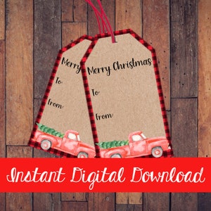 Etichette regalo per camion rosso natalizio Borsa a quadretti di bufalo rosso e nero Borsa per bomboniere di buon Natale vuota da carta Kraft Download digitale stampabile