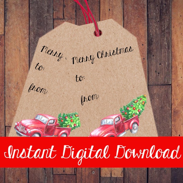 Holiday Red Truck Kraft Paper Gift Tags Merry Christmas Party Favor Bag Blank Tag To From Instant Digital Download Printable