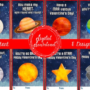 Ruimte Valentijnsdagkaarten, 8 verschillende ontwerpen, Schoolklas Valentijnsuitwisseling, Planeten, Afdrukbare Instant Digitale Download