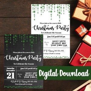Christmas Party Invitation, Holiday Party Invitation, Personalized, Chalkboard Green Glitter Ornaments Rustic Digital Download Printable