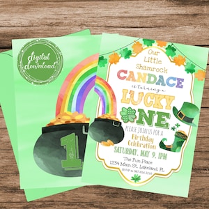 Personalized Our Little Shamrock, Lucky One Birthday Invitation, Watercolor Lucky Charm Invite St. Patrick's, 5x7 Printable Digital Download